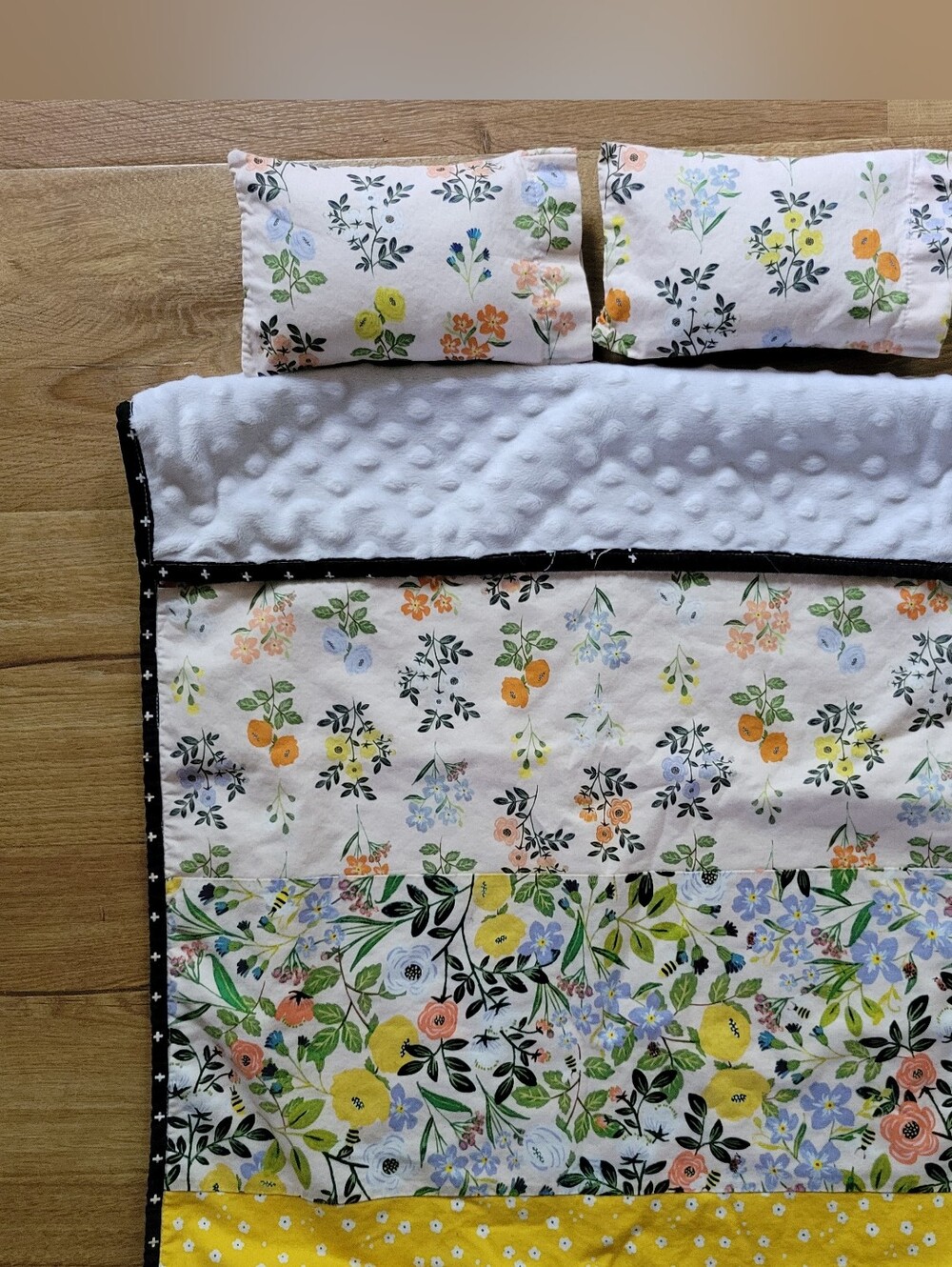 Handmade Floral Doll Bedding/Quilt in Yellow, White, Green